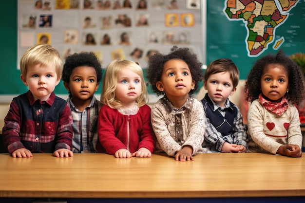 Gruppo di bambini felici che prestano attenzione all'insegnante nel primo giorno di scuola del bambino della scuola multi