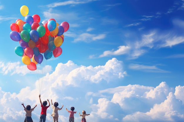 Gruppo di bambini felici che tengono palloncini colorati sullo sfondo del cielo blu