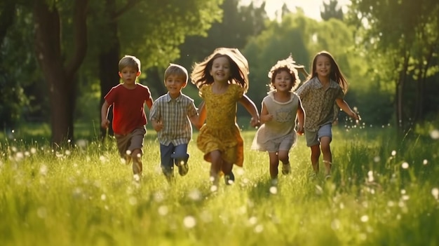 Gruppo di bambini felici, ragazzi e ragazze, che corrono sull'erba nel parco nella soleggiata giornata estiva