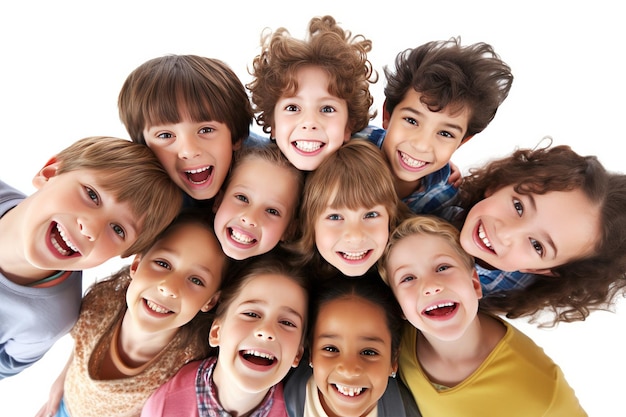 Gruppo di bambini felici sorridenti e guardando la fotocamera isolata su sfondo bianco