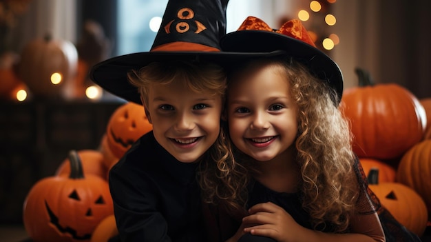 Gruppo di bambini in costumi da strega per Halloween con lanterna di zucca a casa