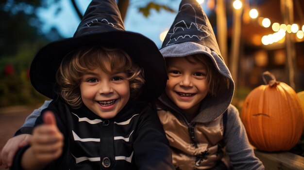 Gruppo di bambini in costumi da strega per Halloween con lanterna di zucca a casa