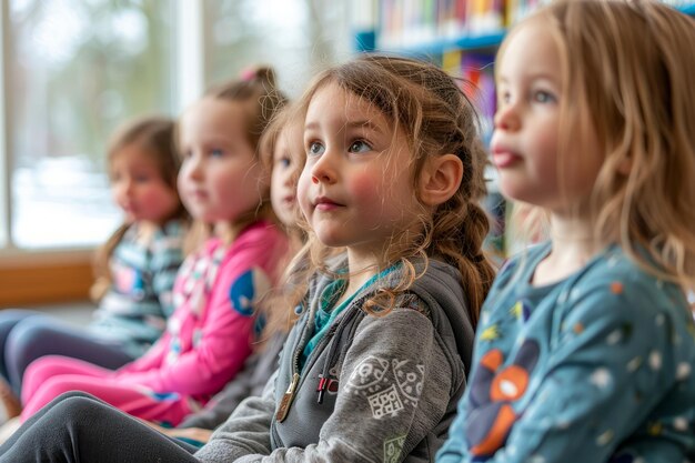 Gruppo di bambini in età prescolare seduti insieme con attenzione durante il tempo delle storie alla biblioteca