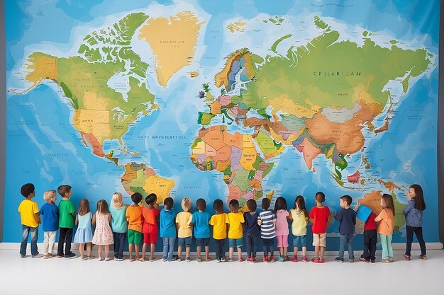 Gruppo di bambini in piedi attorno alla mappa del mondo