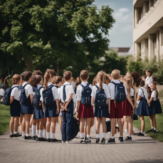 Gruppo di bambini in piedi davanti a una scuola