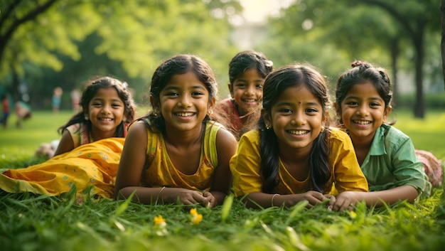 Gruppo di bambini indiani felici sdraiati sull'erba verde all'aperto nel parco Bambini asiatici giocosi nel gard