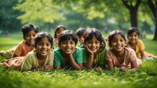 Gruppo di bambini indiani felici sdraiati sull'erba verde all'aperto nel parco Bambini asiatici giocosi nel gard