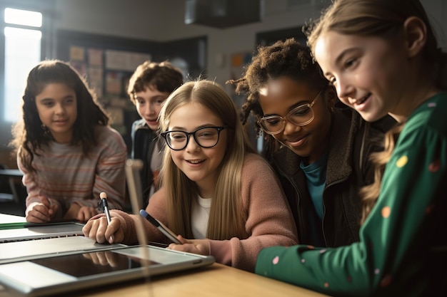 Gruppo di bambini multietnici che studiano insieme in classe Illustrazione dell'IA generativa