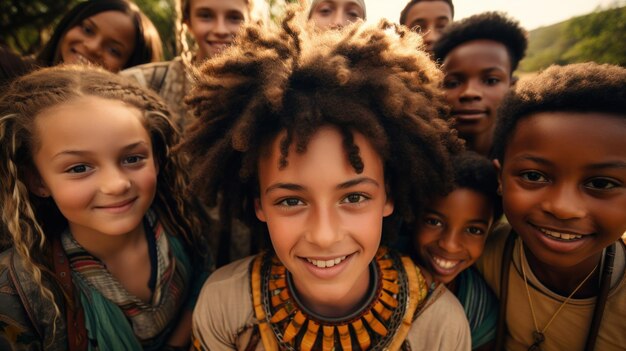 Gruppo di bambini multietnici sorridenti che guardano la fotocamera IA generativa