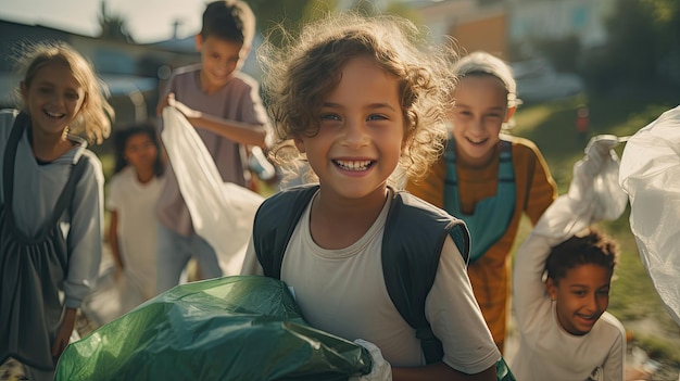 Gruppo di bambini piccoli che camminano insieme all'aperto nella Giornata dei bambini sul marciapiede