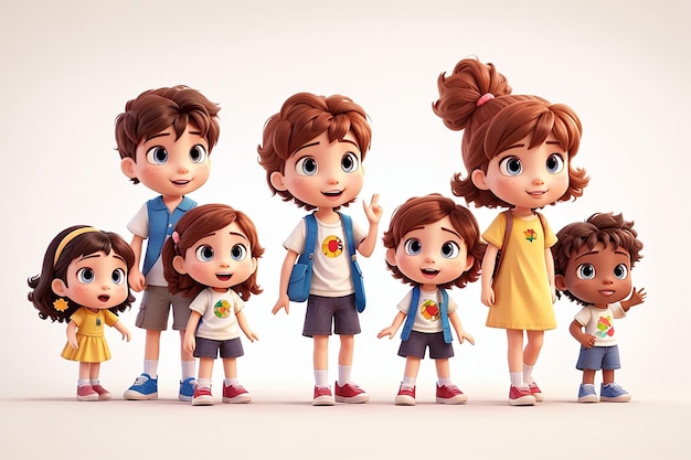 Gruppo di bambini piccoli personaggio di cartone animato su sfondo bianco