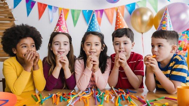 Gruppo di bambini sorridenti che giocano alla festa di compleanno in una stanza decorata