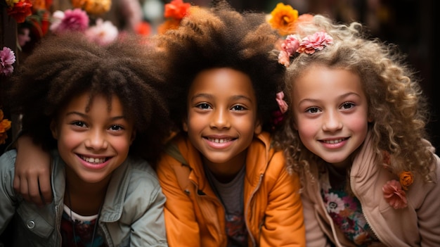 gruppo di bambini sorridenti felici con l'acconciatura colorata in studio