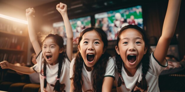 Gruppo di belle amiche asiatiche sedute sul divano a guardare insieme una partita di calcio in televisione Felici tifosi di calcio femminili che applaudono alla vittoria