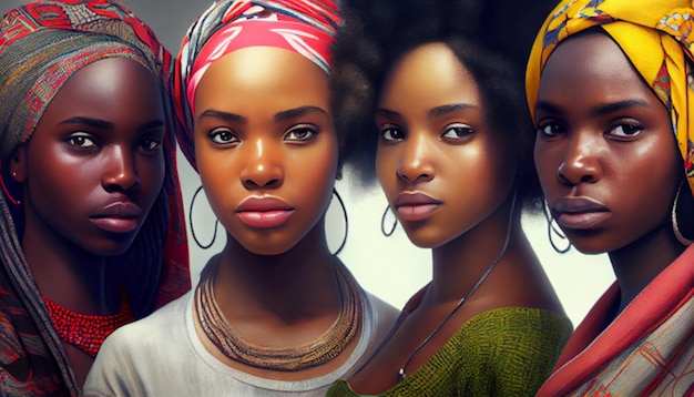 Gruppo di belle donne di colore che posano nello studio con stile variopinto dei vestiti alla moda