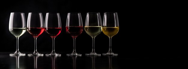 Gruppo di bicchieri di vino di varie varietà sullo sfondo nero isolato AI generato