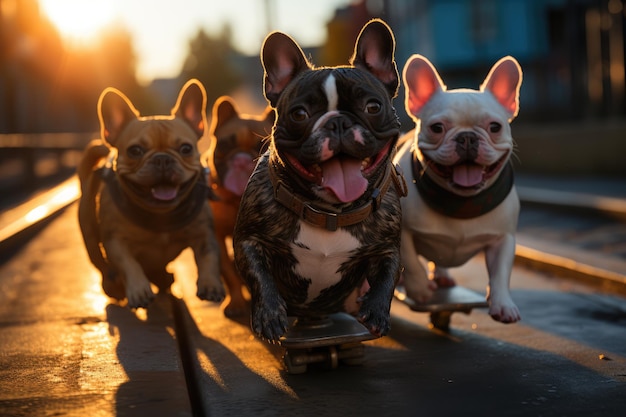 gruppo di bulldog francese pattinaggio lungo una vivace passerella ai generato