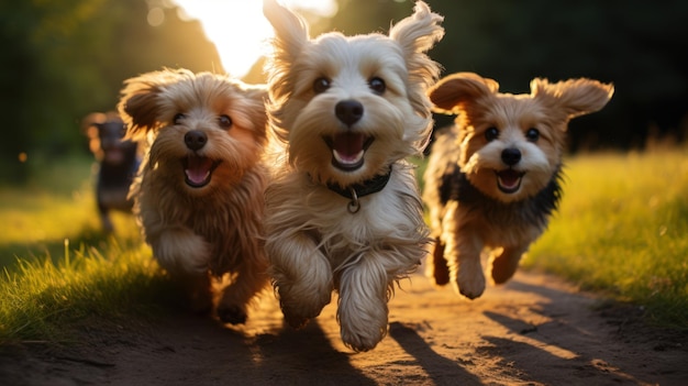 Gruppo di cani carini che corrono e giocano sull'erba verde nel parco