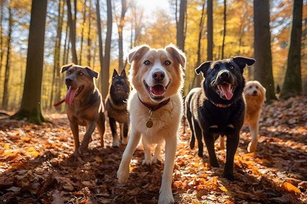 Gruppo di cani che camminano nella foresta autunnale con foglie gialle sul terreno