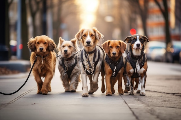 Gruppo di cani che camminano per strada in città Animali domestici Pescatori professionali Pescatori di cani Pescatori d'affari Generati da IA