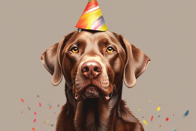 Gruppo di cani con cappelli di compleanno e confetti su uno sfondo blu