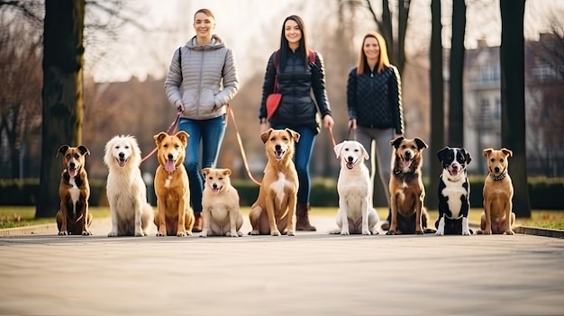 Gruppo di cani con proprietari in classe di obbedienza