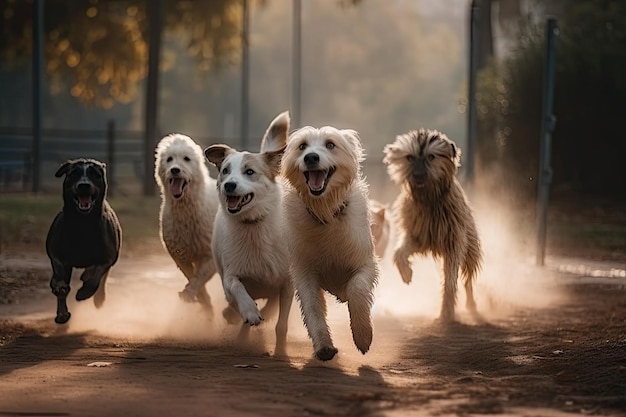 Gruppo di cani giocosi che corrono saltando e giocando tra loro creati con l'IA generativa