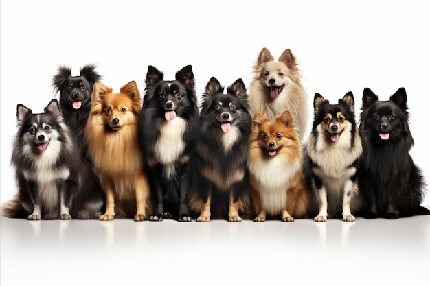 Gruppo di cani isolati su sfondo bianco con spazio di copia razze diverse dimensioni diverse