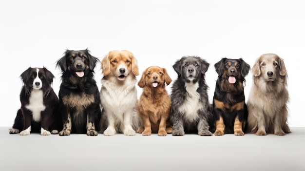 Gruppo di cani seduti di razze diverse su uno sfondo bianco