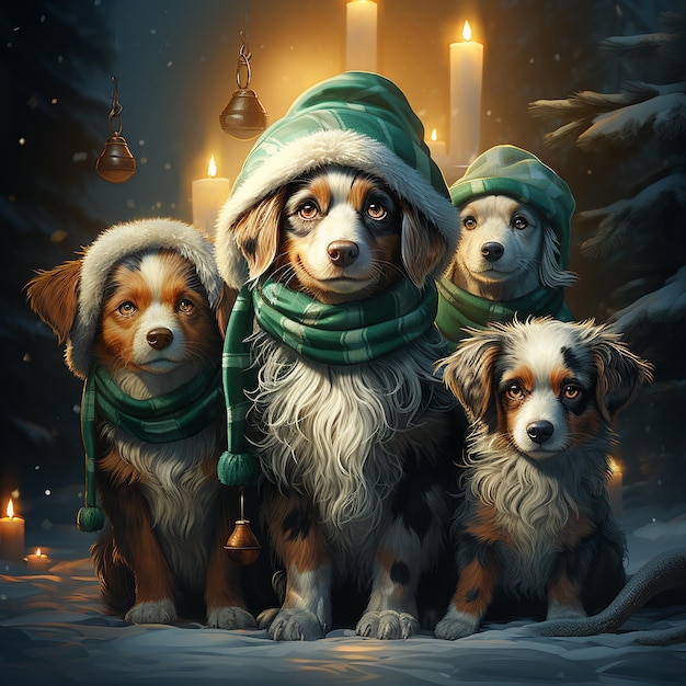 gruppo di cani simpatico cartone animato che indossa il cappello di Babbo Natale sulla carta da parati di Natale sfondo scuro