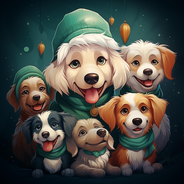 gruppo di cani simpatico cartone animato che indossa il cappello di Babbo Natale sullo sfondo di Natale