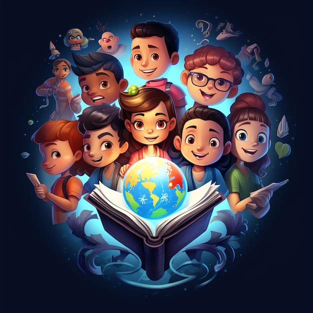 gruppo di cartoni animati di diversi personaggi infantili che si tengono per mano mentre stanno in piedi su un globo
