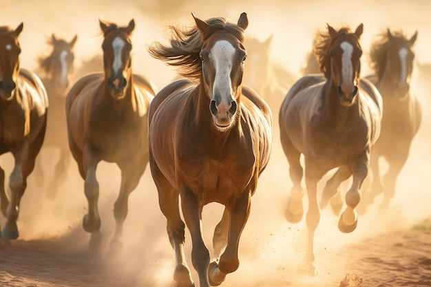 Gruppo di cavalli che corrono al galoppo nel deserto