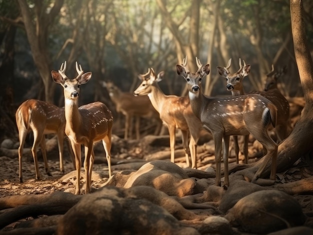 Gruppo di cervi nell'habitat naturale AI generativo