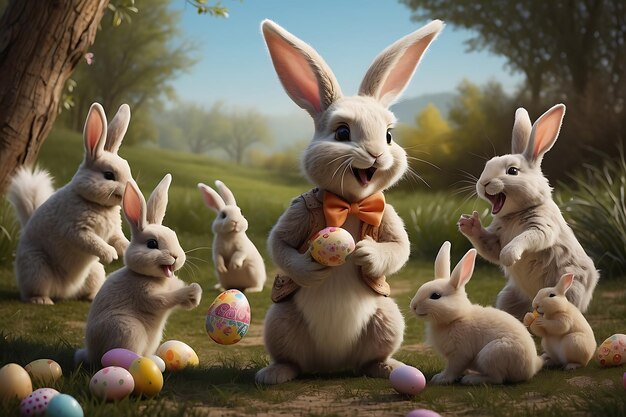 Gruppo di conigli di Pasqua con uova colorate in giardino