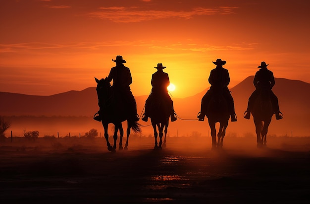 Gruppo di cowboy a cavallo al tramonto