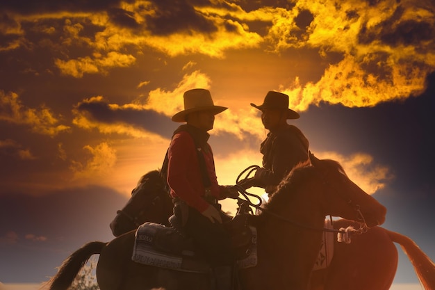 Gruppo di cowboy a cavallo