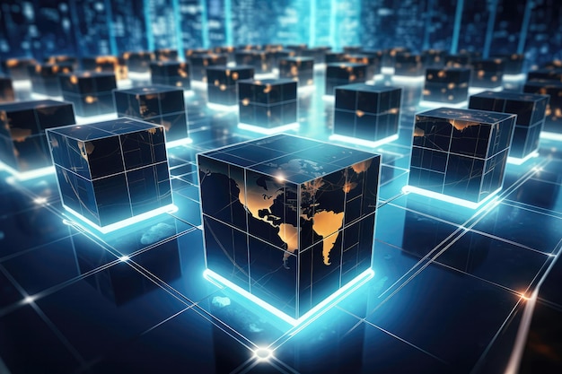 Gruppo di cubi con una mappa del mondo su di loro La tecnologia blockchain che collega i data center globali