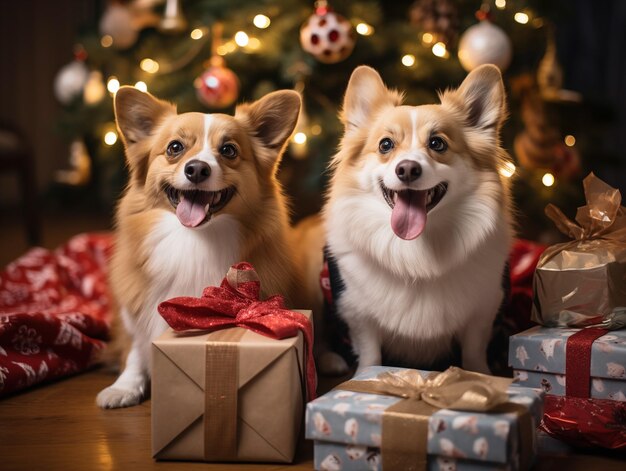 Gruppo di cuccioli corgis carini e felici con il tema natalizio seduti sotto l'albero di Natale