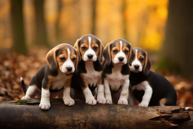 Gruppo di cuccioli di beagle all'aperto