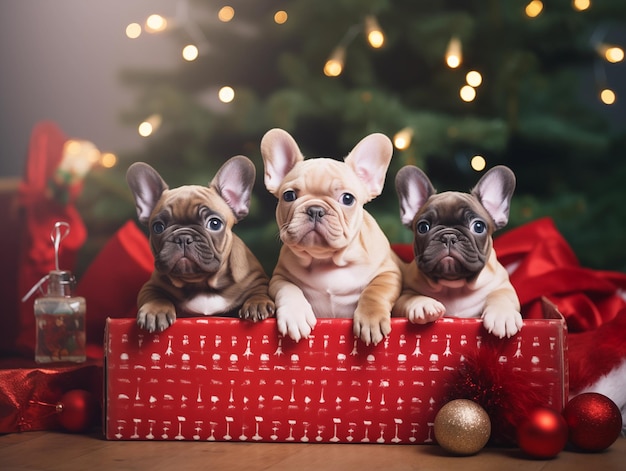 Gruppo di cuccioli di bulldog carini e felici con tema natalizio in scatola regalo natalizia