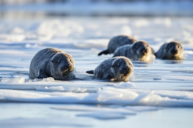 Gruppo di cuccioli di foca che si divertono al sole su un lago ghiacciato creato con l'intelligenza artificiale generativa