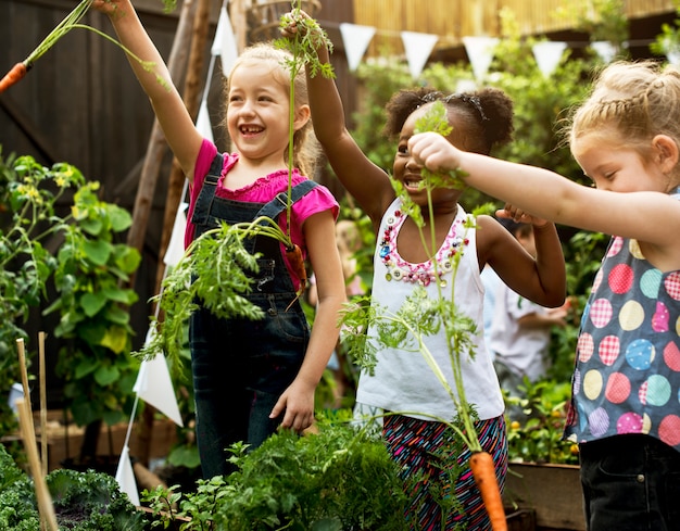 Gruppo di diversi bambini che imparano ambiente all&#39;azienda agricola di verdure