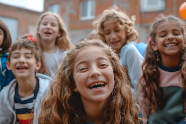 Gruppo di diversi bambini multietnici allegri e divertenti all'aperto nel cortile della scuola