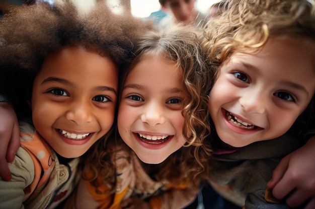 Gruppo di diversi bambini multietnici felici allegri e divertenti all'aperto