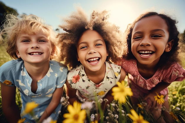 Gruppo di diversi bambini multietnici felici, allegri e divertenti