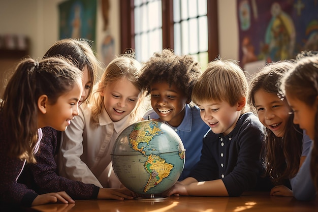 Gruppo di diversi bambini sorridenti nella lezione di geografia con il globo