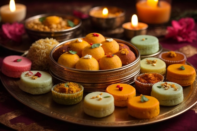 Gruppo di dolci assortiti indiani o mithai con diya ar c