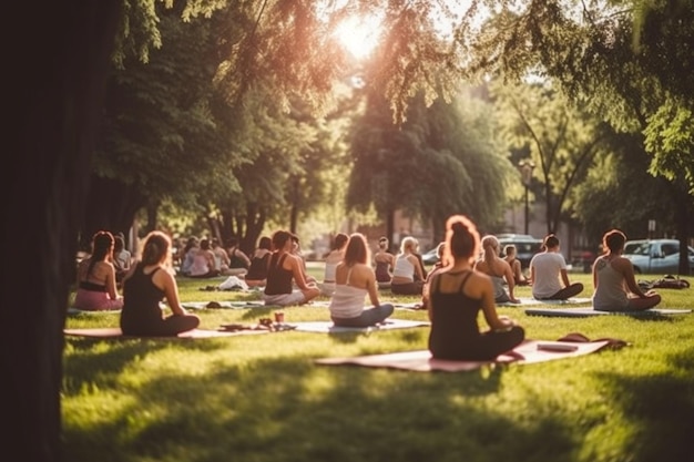 Gruppo di donna che pratica yoga al parco Generative Ai