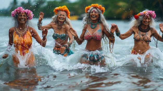 Gruppo di donne anziane felici in stile hawaiano che ballano in acqua